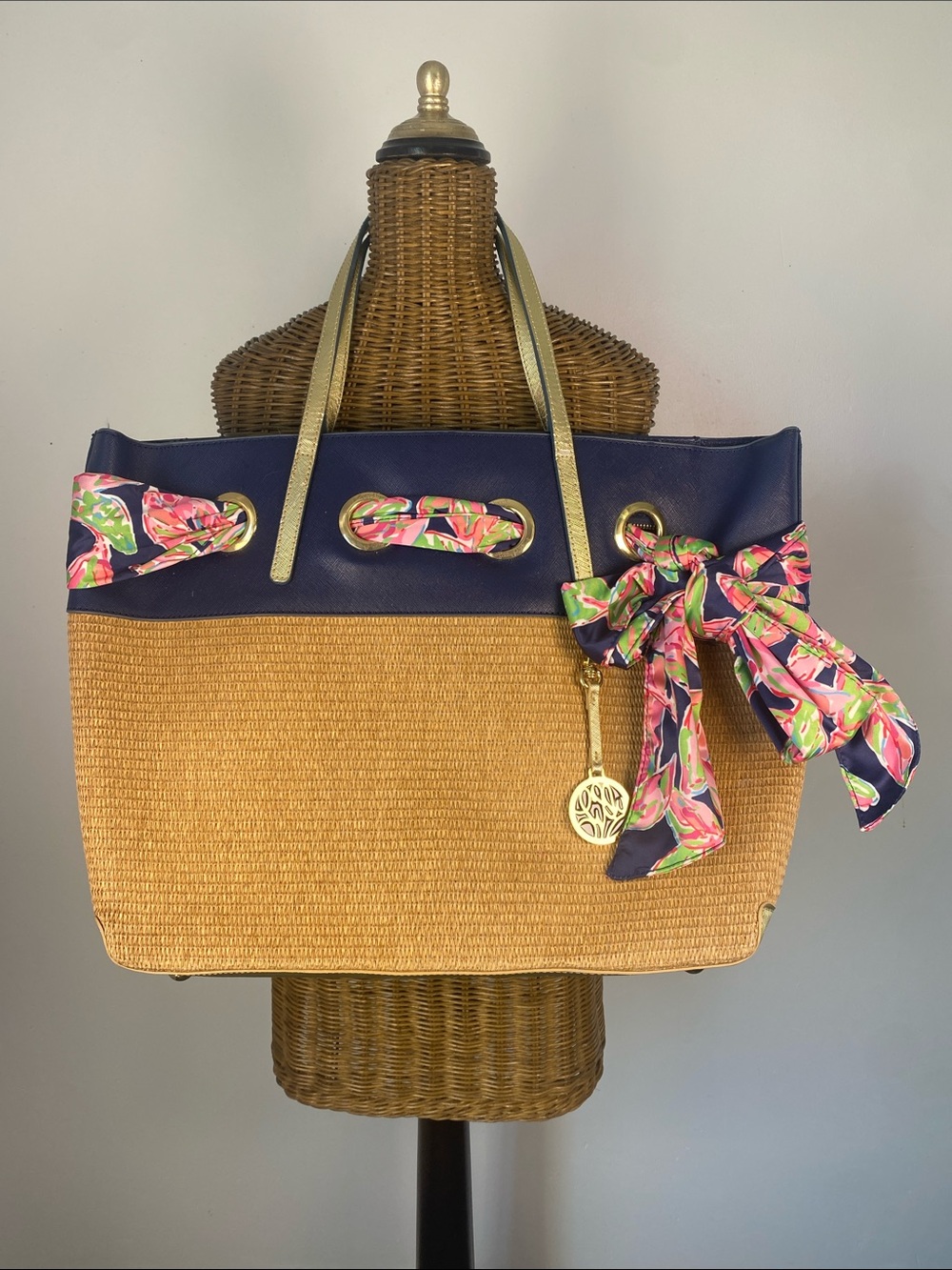 Lilly Pulitzer Navy, Natural & Gold Straw Tote with Floral Scarf Accent